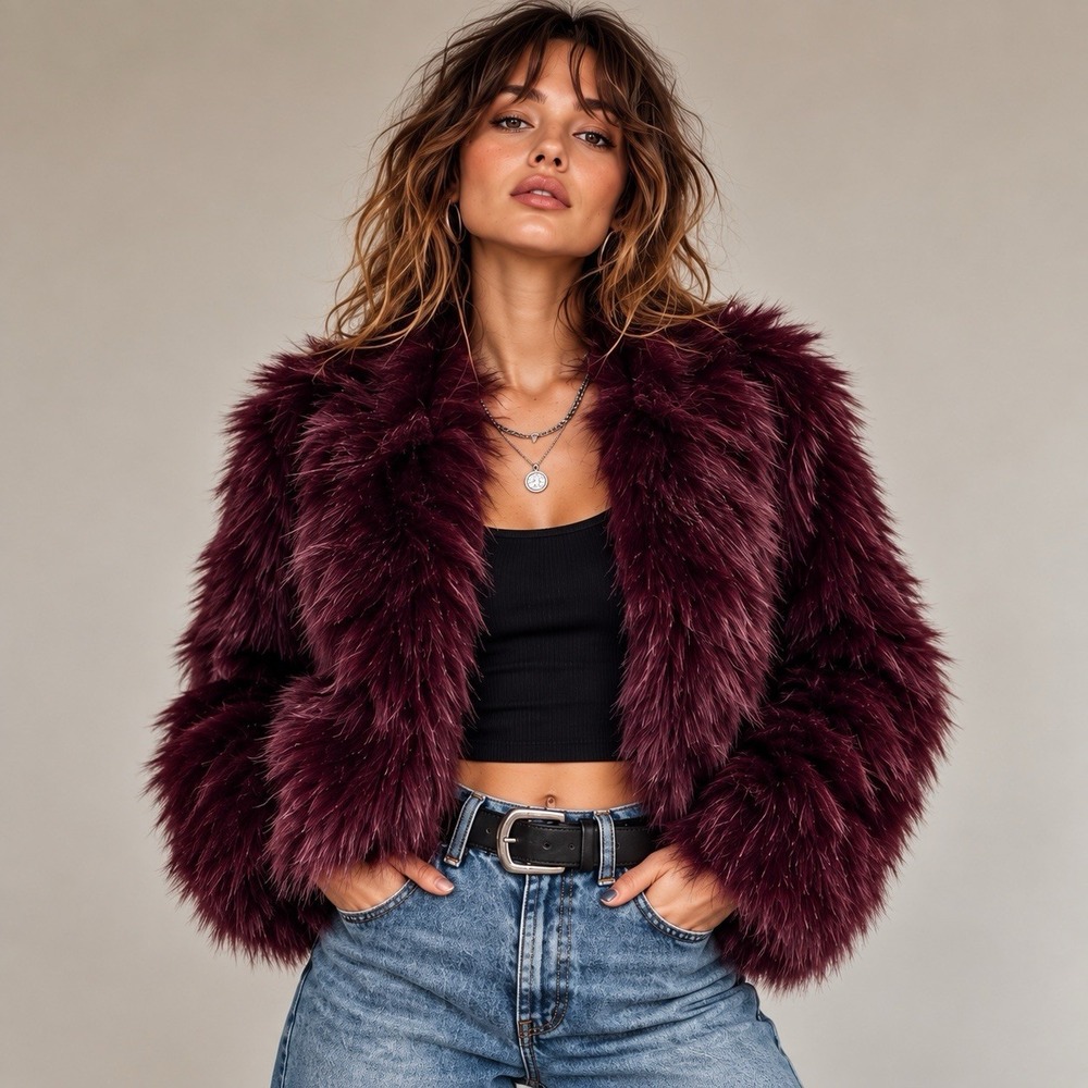Burgundy Faux Fur Jacket Coat L Shaggy Plush Oversized Collar 70s Glamourcore